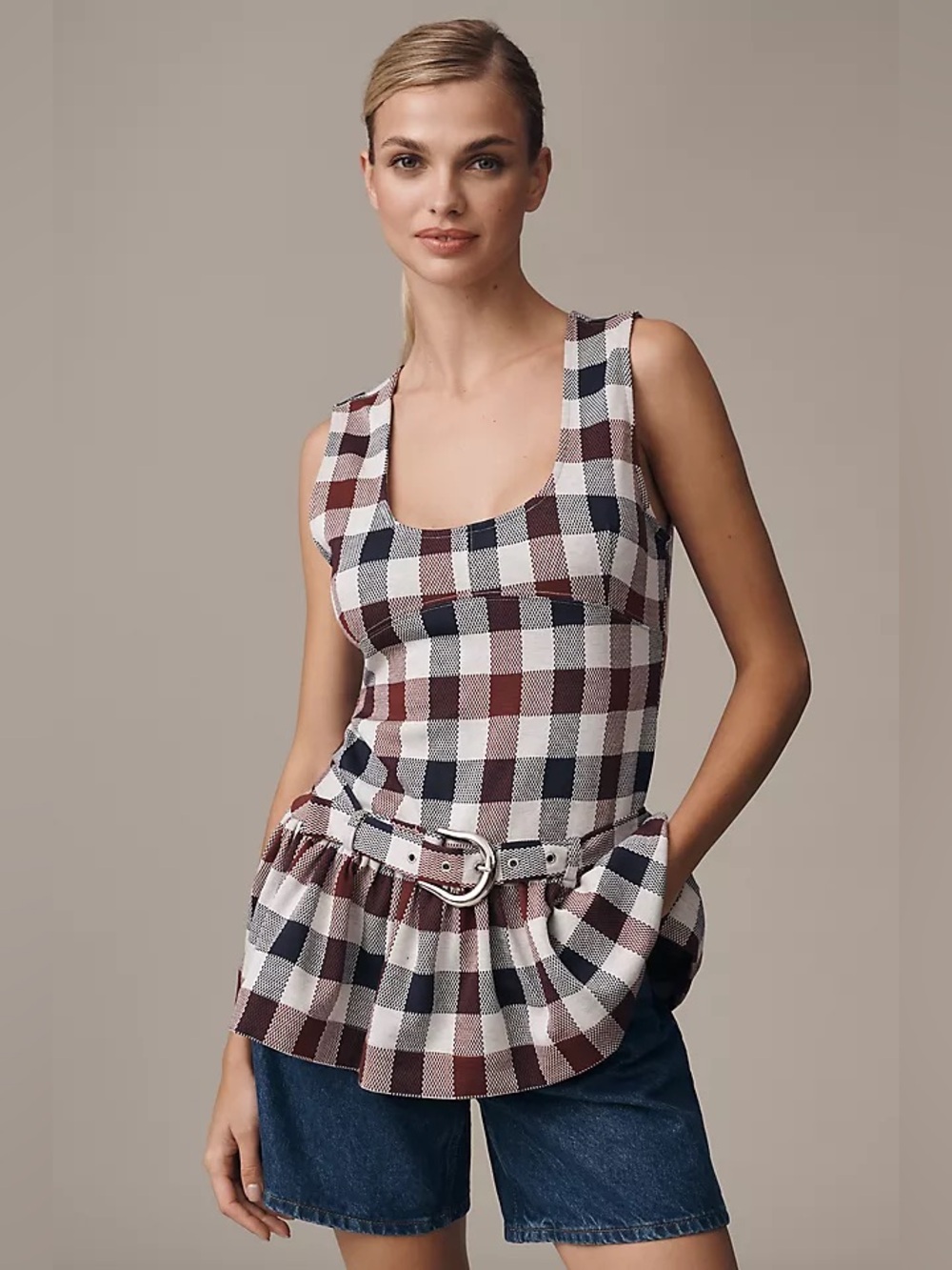 Anthropologie Maeve Belt Drop-Waist Peplum Tank in Collegiate Plaid